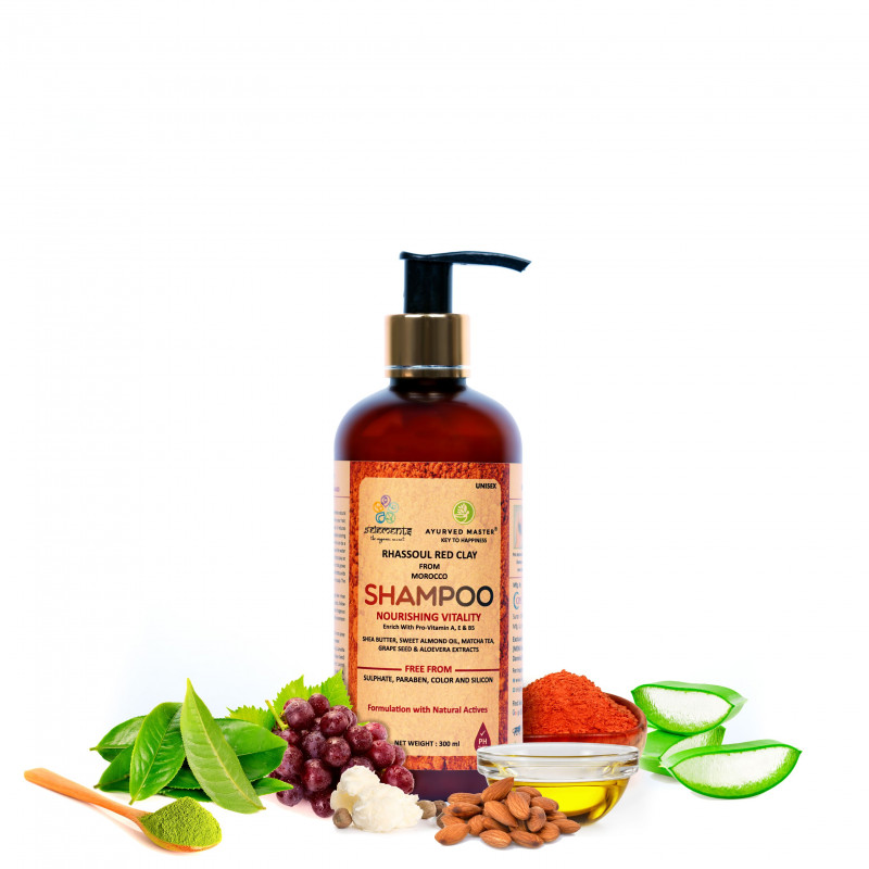 RHASSOUL RED CLAY SHAMPOO (WITH SHEA BUTTER, ALMOND OIL, MATCHA TEA, GRAPE SEED AND ALOE VERA EXTRACTS FOR NOURISHING HAIR VITALITY) | 300ML