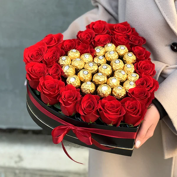 A Heart of Red Roses and Ferrero Rocher Chocolates