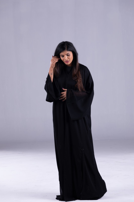Korean Fabric Black Abaya with handmade Beads around the Abaya. AB1049