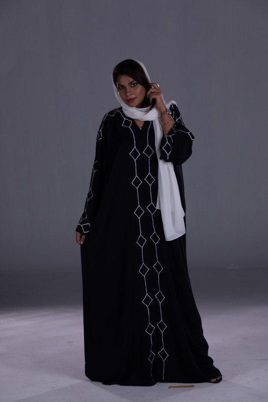 Women's Casual Abaya Made with Korean Nada Fabric and  White Embroidery work. AB1020