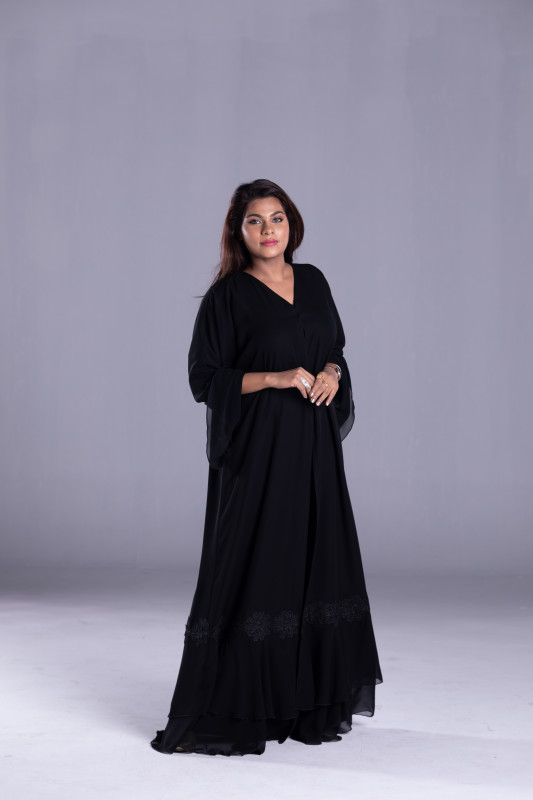 Korean Black Abaya with Black Chiffon on  borders and embroidery lace. AB1044